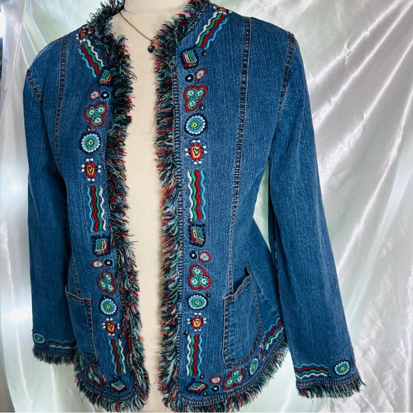 VTG RubyRd Jean Denim Jacket Sz Medium Blue Colorful Fringe Embroidered Pockets - Picture 7 of 9